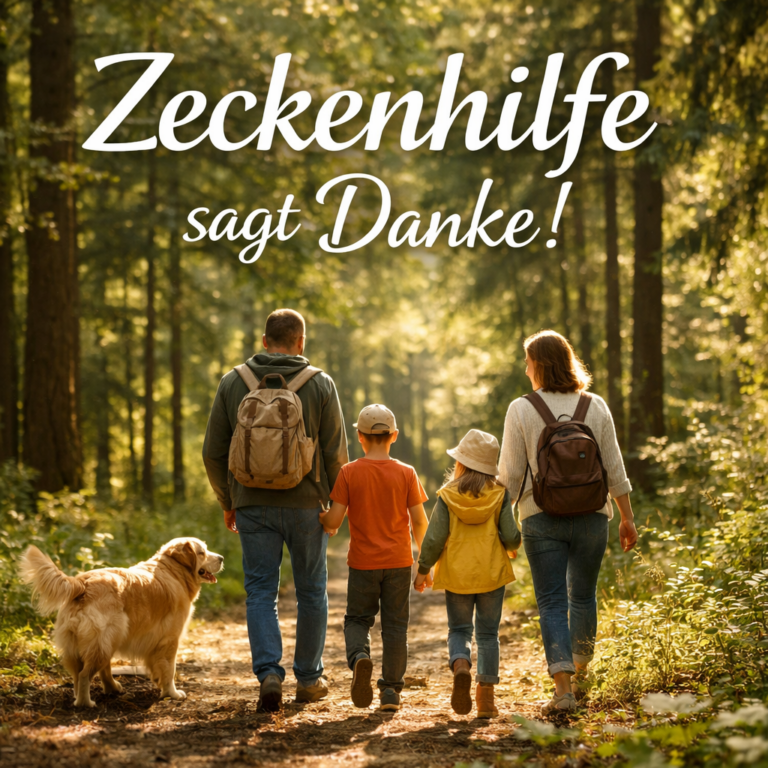 Zeckenhilfe sagt Danke: Familie mit Hund wandert durch einen sonnigen Wald