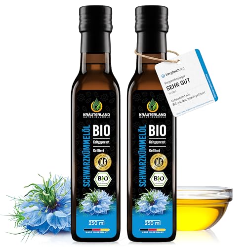 Kräuterland Bio Schwarzkümmelöl kaltgepresst gefiltert 2x250ml (500ml) | 100% Nigella Sativa, hoher Thymochinongehalt, ohne Konservierungsstoffe & Aromen, nativ, vegan, mühlenfrisch in glasflasche