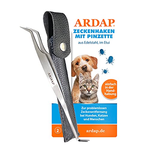 ARDAP Zeckenzange und Zeckenhaken (2in1 Zeckenpinzette aus Edelstahl) | Premium Zeckenzange für Hunde, Katzen & Menschen im Leder-Etui, Einfache & effektive Zeckenentfernung