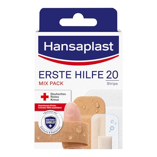 Hansaplast Erste Hilfe Pflaster Mix (20 Strips), Pflaster Set in verschiedenen Größen ideal für unterwegs, Wundpflaster mit Bacteria Shield